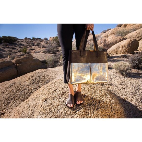 Calleen Cordero Brown Gold Metallic Genuine Leather Large Tote Bag - Picture 1 of 11